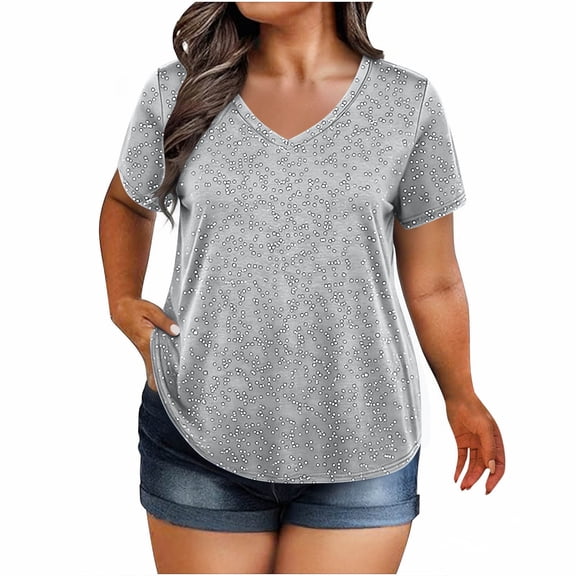 CYMMPU Womens Plus Size Tops Basic Summer Shirts Short Sleeve V Neck Tunics Casual T-Shirt Loose Fits Blouse Silver XXXXXL
