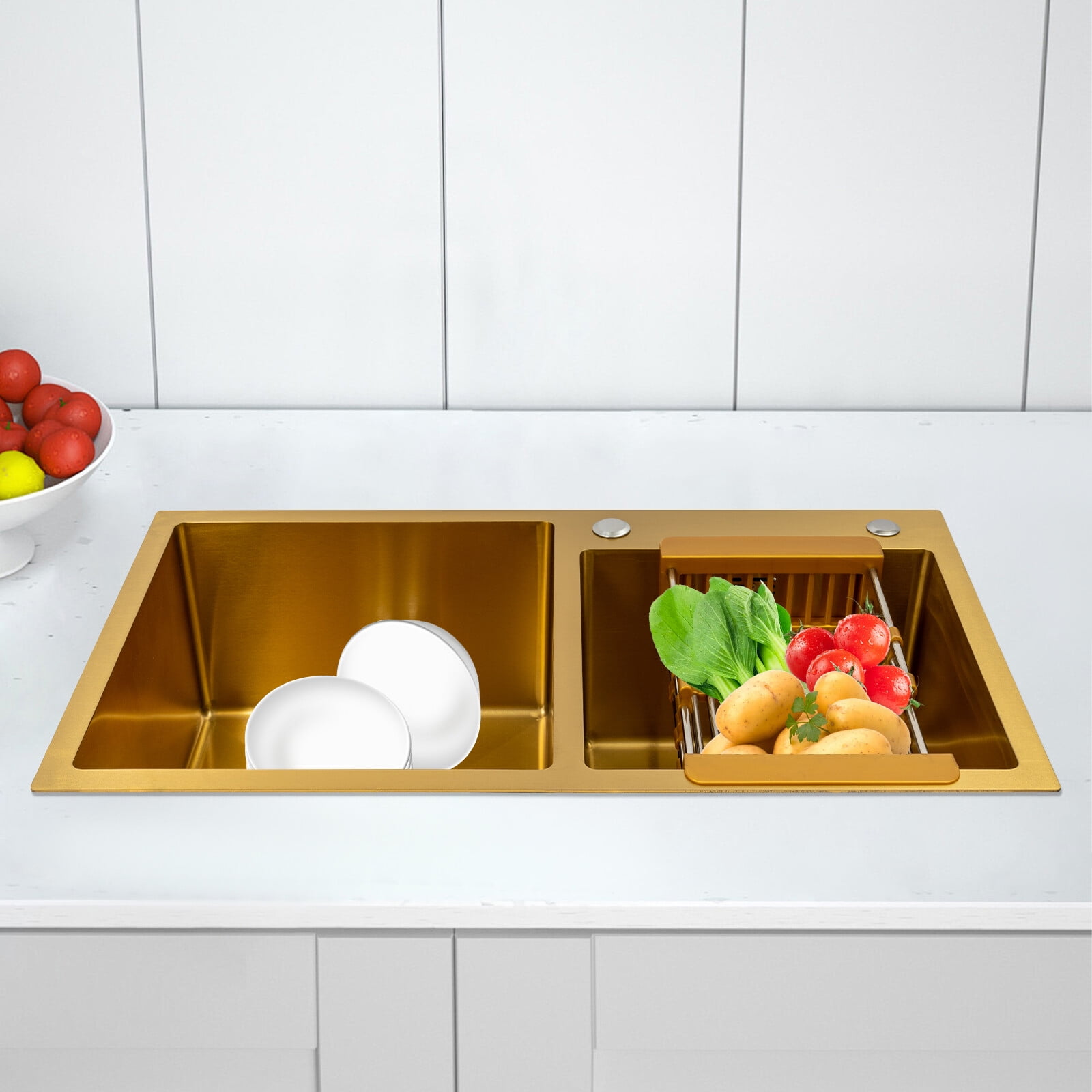 Gold Rectangular Stainless Steel Undermount Kitchen Sink, 80*45 cm Stainless Steel Kitchen Sink 2 Bowls 198.42 lbs Capacity Used in Kitchens, Bathrooms, Restaurants