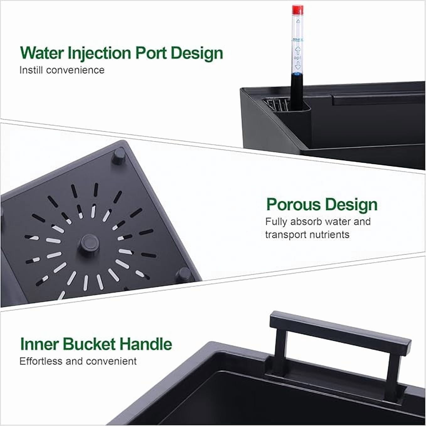 22" Tall Planters Set of 2, Outdoor＆Indoor Black Planter Pots, High Front Porch Planter Pots with Drainage Holes＆Water Level Monitor＆Inner Bucket, Automatic Watering, Black