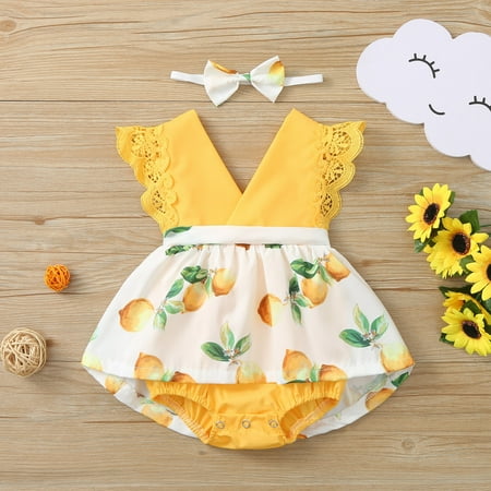 

Tking Fashion Toddler Kids Baby Girls Lace Lemon Print Dress Romper Headbands Princess Yellow 90
