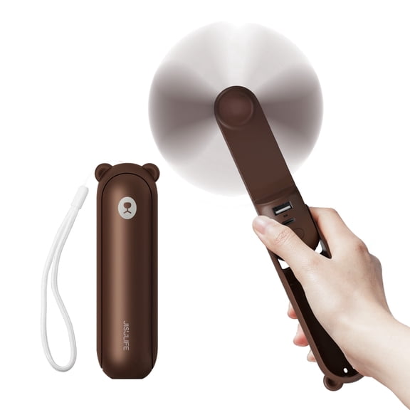 JISULIFE Mini Portable Fan, 3 In 1 Handheld Fan with 4500 mAh [20-37 Working Hours], USB Rechargeable with Power Bank, Flashlight, Foldable Pocket Fan for Travel, Makeup, Gift for Women -Brown
