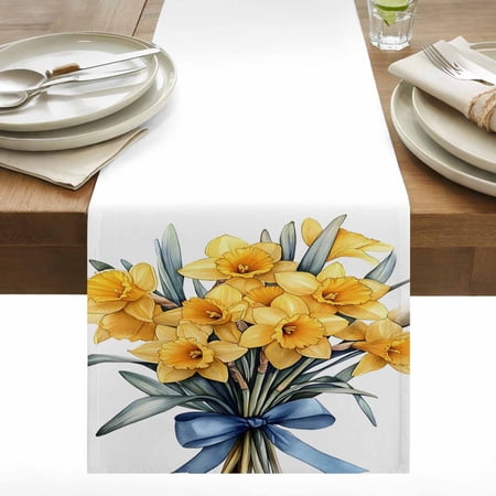 Retro Floral Cotton Linen Table Runner Spring Watercolor Vintage Yellow Flower Green Leaf Plant Dining Table Runners for Home Decor Party Dining Room Restaurant Kitchen 13 x 60