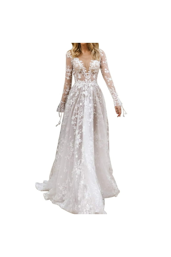 Wedding Dresses for Women Long Sleeve Wedding Dresses for Bride Lace Beach Boho Wedding Bridal Gowns for Women Country Wedding Dress (White,L)