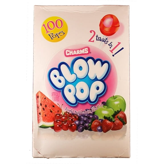 Charms Blow Pops 2 Treats In 1, Assorted Bubble Gum Filled Lollipops, 100Ct