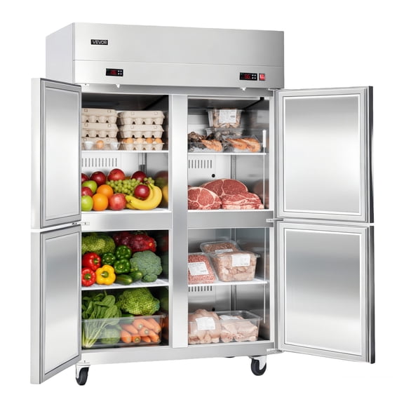 VEVOR Commercial Refrigerator and Freezer Combo 48"W, 31 Cu.Ft Stainless Steel Upright Freezer/Refrigerator with 4 Doors, Auto-Defrost, 6 Adjustable Shelves, UL Certified