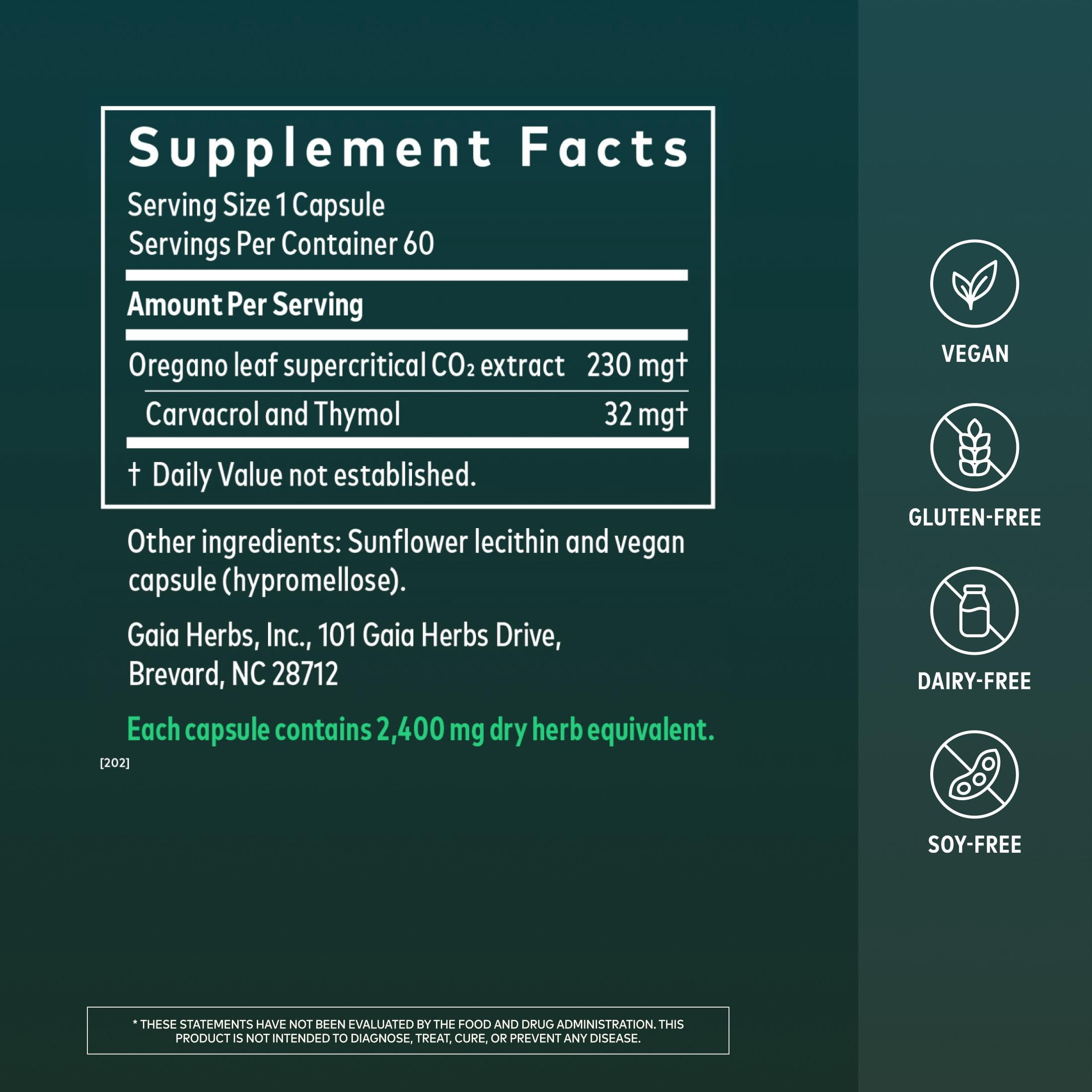 Gaia Herbs Oil of Oregano Capsules - 230 mg Oregano Leaf - Immune & Antioxidant Support Supplement with Oregano Oil, Carvacrol & Thymol* - 60 Vegan Liquid Phyto-Caps (60 Servings)