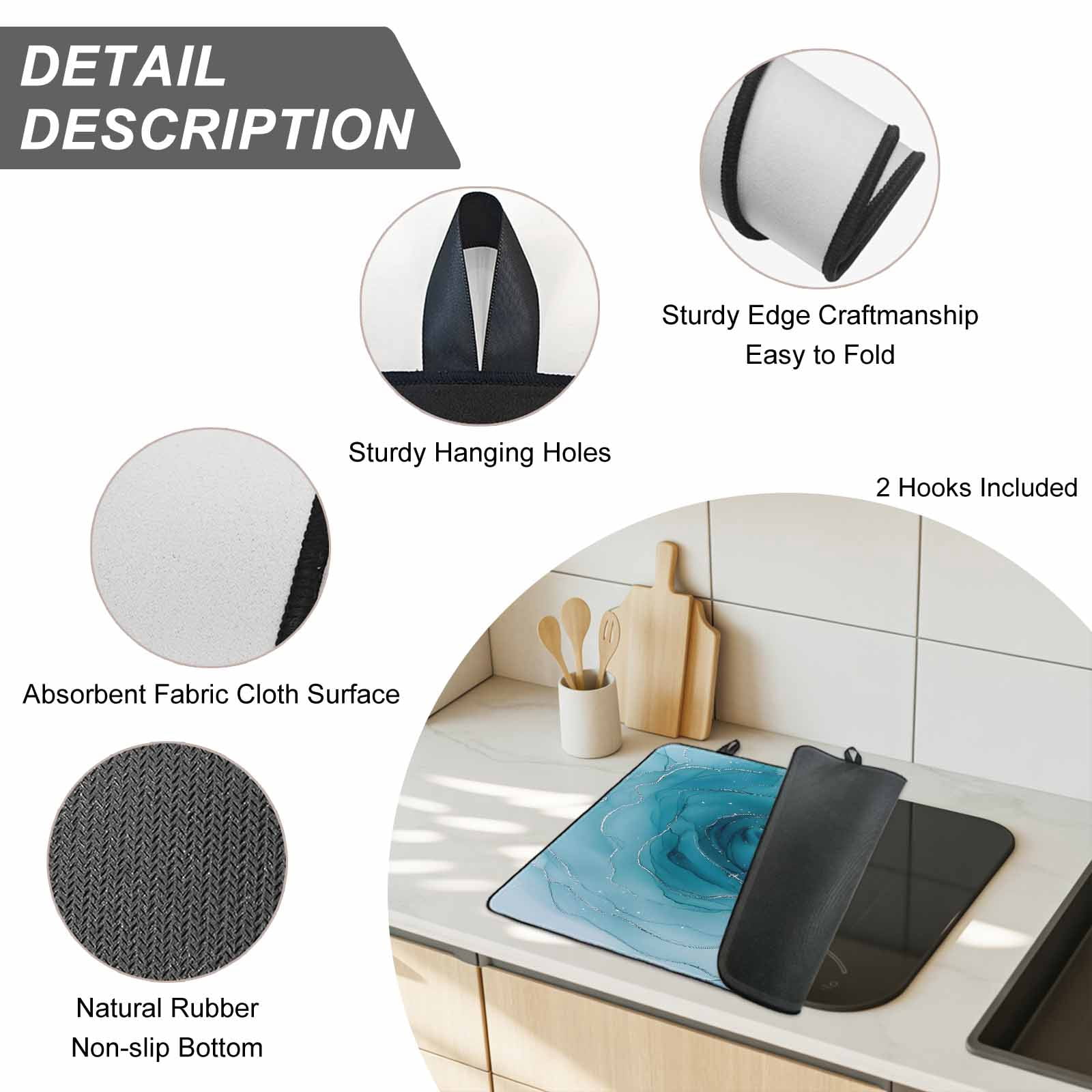 Marble Teal Blue Stove Top Cover for Electric Stove, Heat-proof & Non Slip Glass Top Stove Cover Protector, Modern Rose Floral Ink Art Silver Lines Kitchen Flat Cooktop Rubber Mat 24x21 Inches