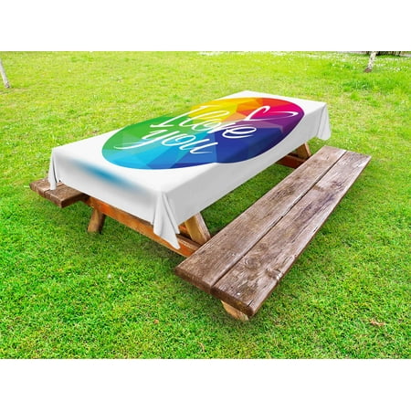 Pride Outdoor Tablecloth, Rounded Polygonal Rainbow Colored Framework with I Love You Calligraphic Design, Decorative Washable Fabric Picnic Table Cloth, 58 X 84 Inches,Multicolor, by Ambesonne