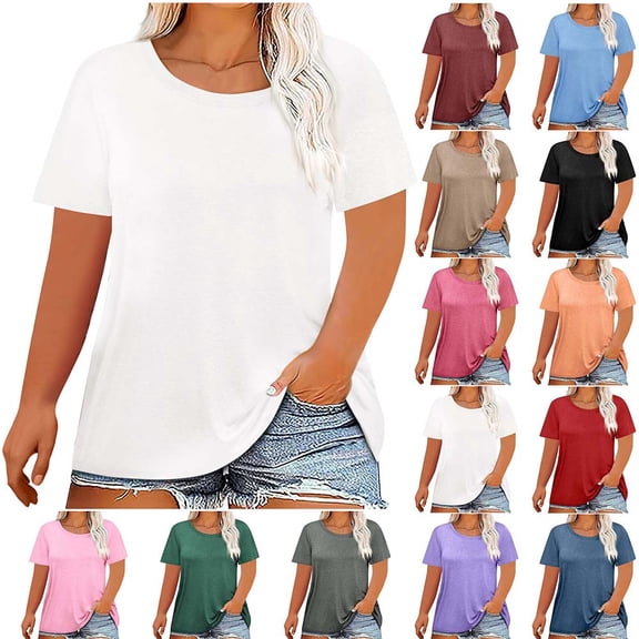 Yotami Women's Crew Neck T-Shirt Plus Size Solid Color Short Sleeve Blouse Summer Soft T-Shirt for Daily, White