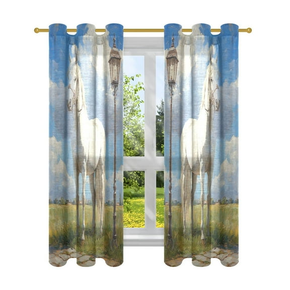 Window Curtain Panels Cotton And Linen Decorative Curtains - Symmetrical Window Shade White Horse Backdrops for Home Office Sunroom Country House
