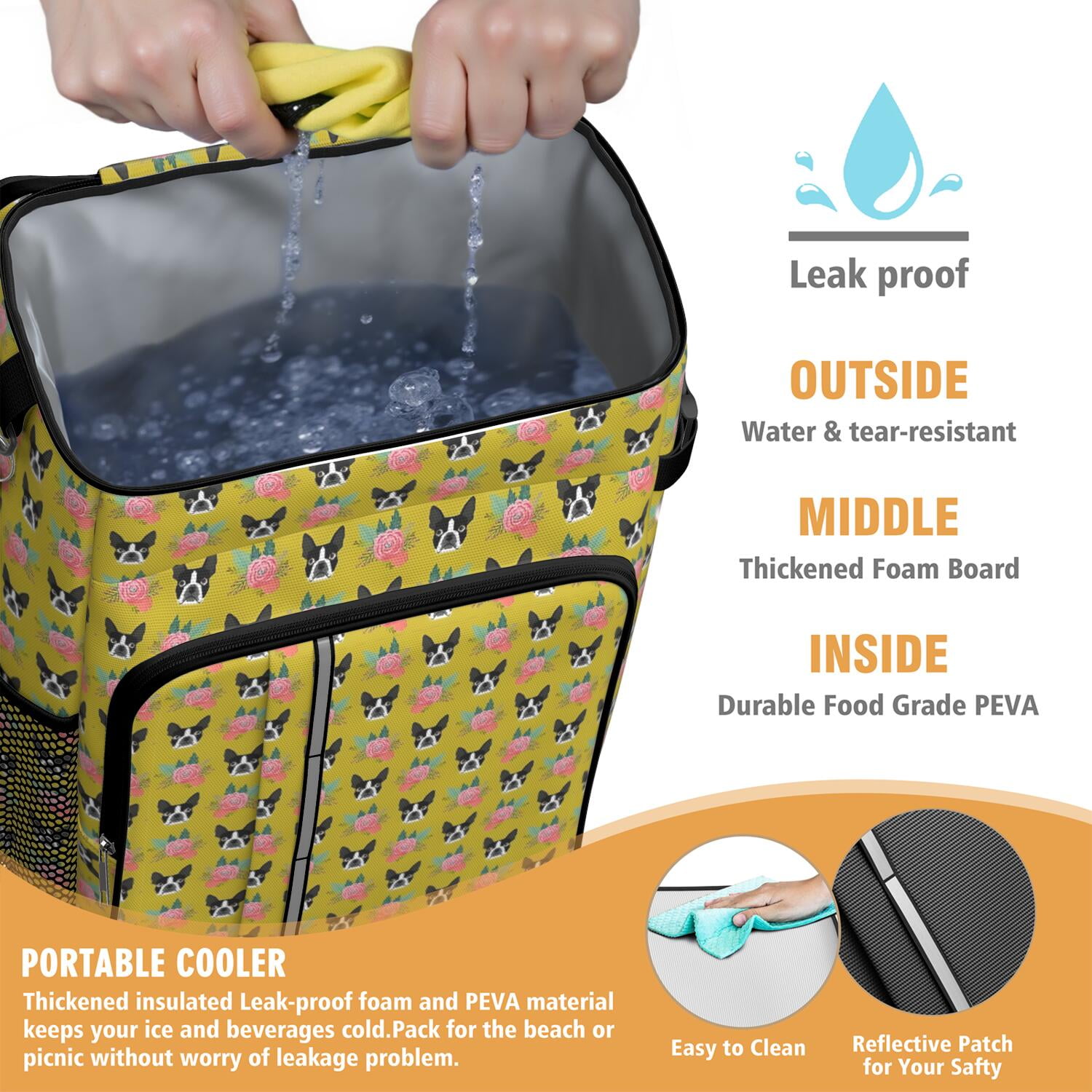 Travel Cooler Bag - Yellow Boston Terrier and Flower Camping Beer Cooler Backpack with Bottle Opener- Waterproof Insulated Picnic Backpacks - Cooler Bag for Beach