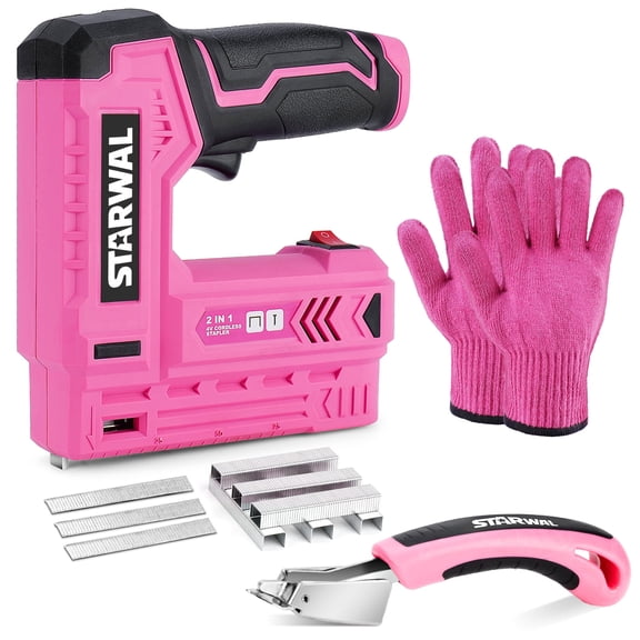 Starwal 4V Electric Staple Gun, 2-in-1 Cordless Brad Nailer Kit for Woodworking, Crafts & DIY，Pink