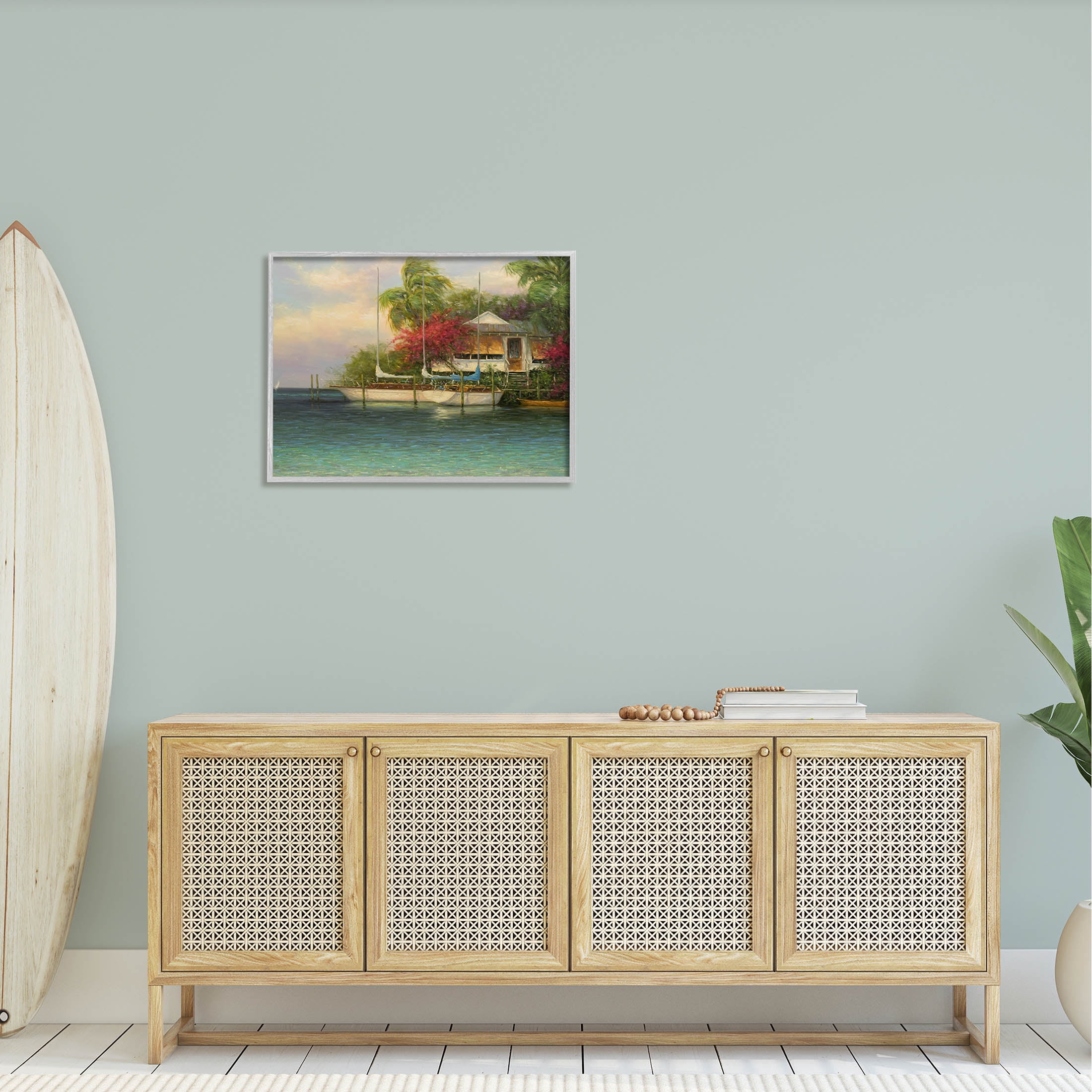 Tropical Boats Waterfront Scenery Landscape Painting Gray Framed Art Print Wall Art