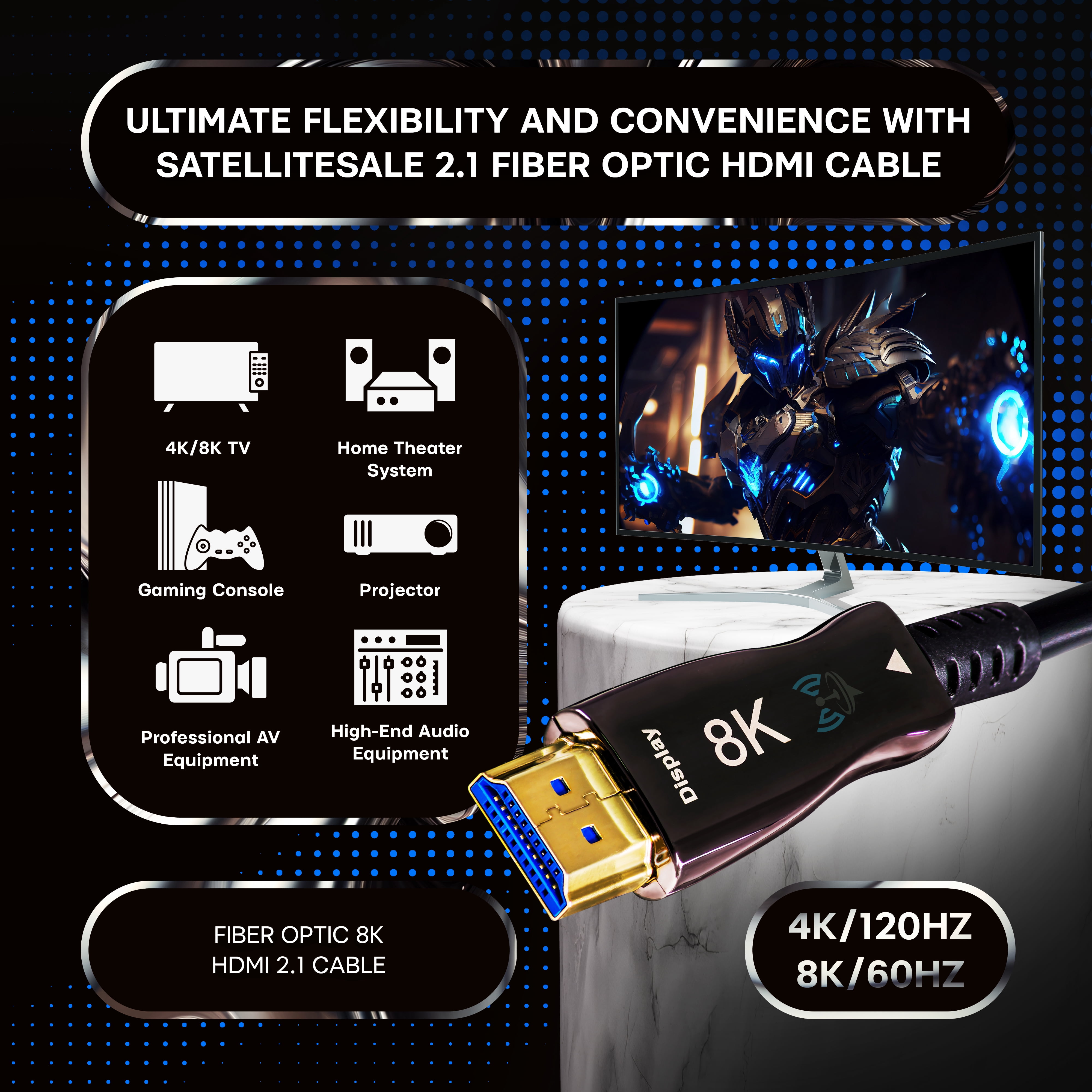 SatelliteSale Digital Fiber Optic 8K HDMI 2.1 Cable 8K/60Hz 48Gbps Universal Wire PVC Black Cord for Media Players, TVs, Monitors, 330 feet