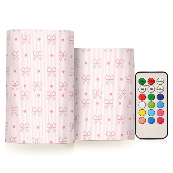 Striped Pink Butterfly Flameless Candles Flickering with Remote and Timer Battery Operated LED Pillar Candle Set of 2