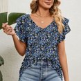 thumbnail image 2 of Camisetas con cuello en V para mujer, camisetas de verano informales con estampado elegante y volantes dobles, camisetas holgadas de manga corta para mujer, 2 of 6