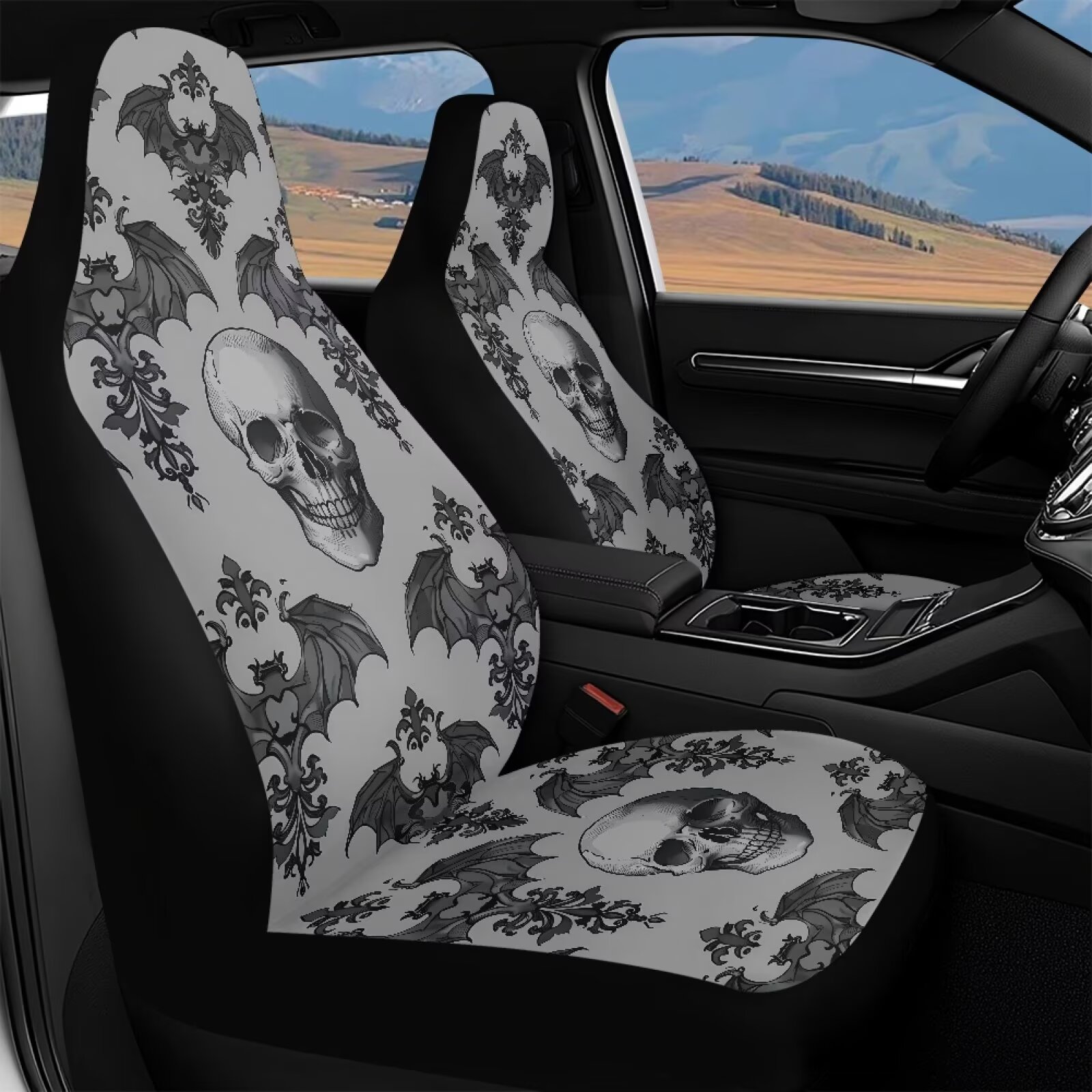 Binienty Skull Front Seat Covers for Cars Waterproof Grey Bats Automotive Seat Covers & Accessories for SUV Truck Sedan Van, Airbag Compatible Vehicle Bucket Cushion Cover, 2 Pack