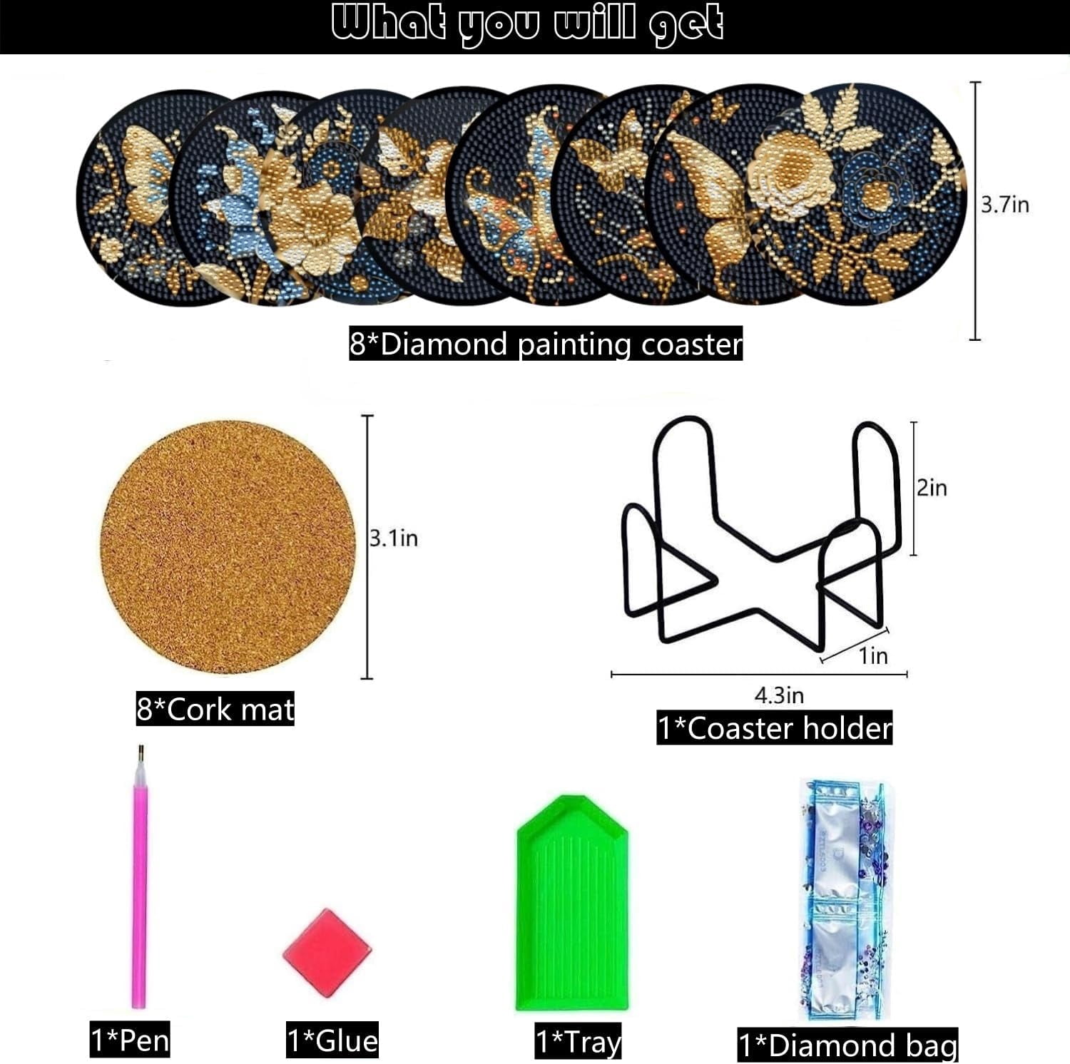 8 Pcs Butterfly Diamond Painting Coasters Kits with Holder,Diamond Art Coasters Set for Drinks Coffee Table, Gem Painting kit for Beginners ults DIY Art Craft Gifts Black Gold Decors (Butterfly)