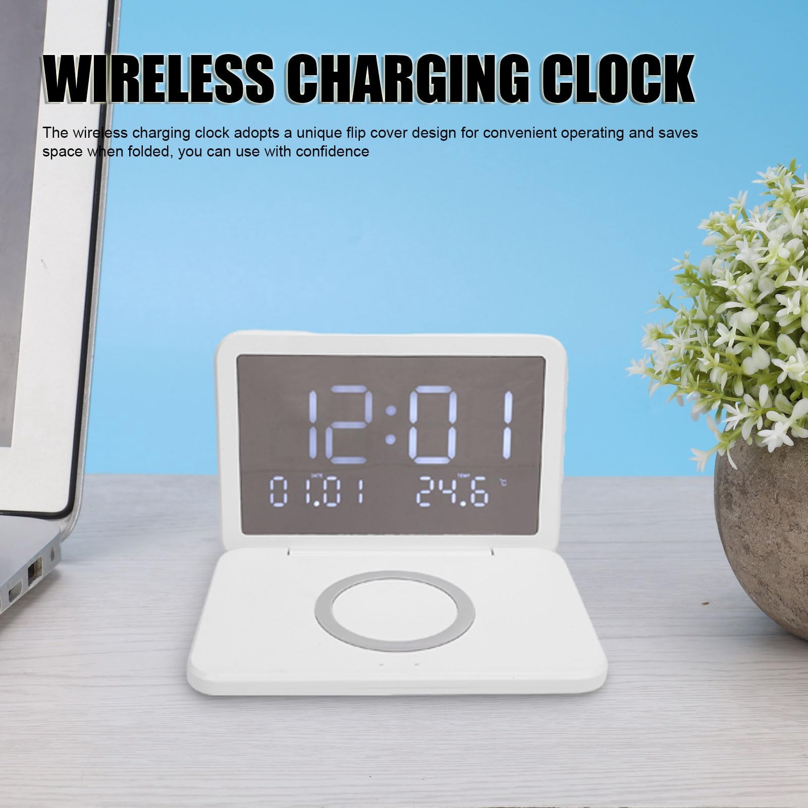 The Nidmaw digital clock features wireless charging, a foldable alarm clock, and an LED mirror display for showing the calendar and temperature. Suitable for bedrooms, desks, living room coffee table