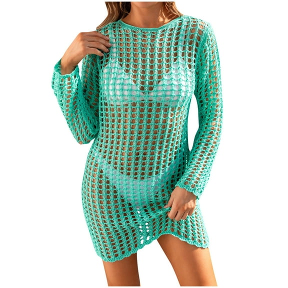 Penkiiy Women Swimsuit Crochet Hollow Out Swim Cover Up Bikini Swimwear Knit Mesh Tunic Beach Dress S Green