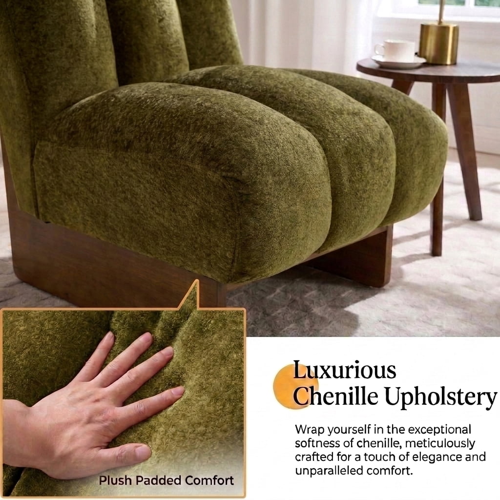MOONMISS Modern Chenille Fabric Armchair with Wood Legs, Comfy Upholstered Reading Accent Chairs for Living Room,Green