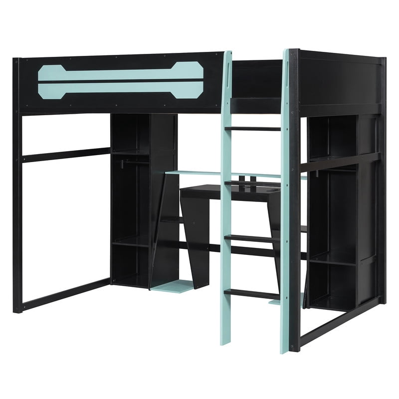 Full Size Wooden E-Sport Loft Bed with Desk, LED Lights & Charge Station, Storage Bed Frame with Built-in Wardrobe & Cabinets