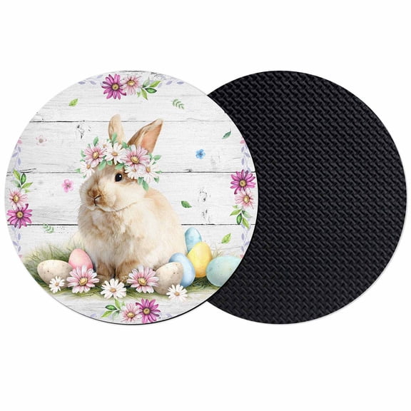 Easter Bunny Coasters Set of 2, Absorbent Coasters for Drinks, Spring Daisy Flower Colorful Eggs White Wooden Coaster for Desk Coffee Table Protection, Home Decor House Warming Gifts 4"
