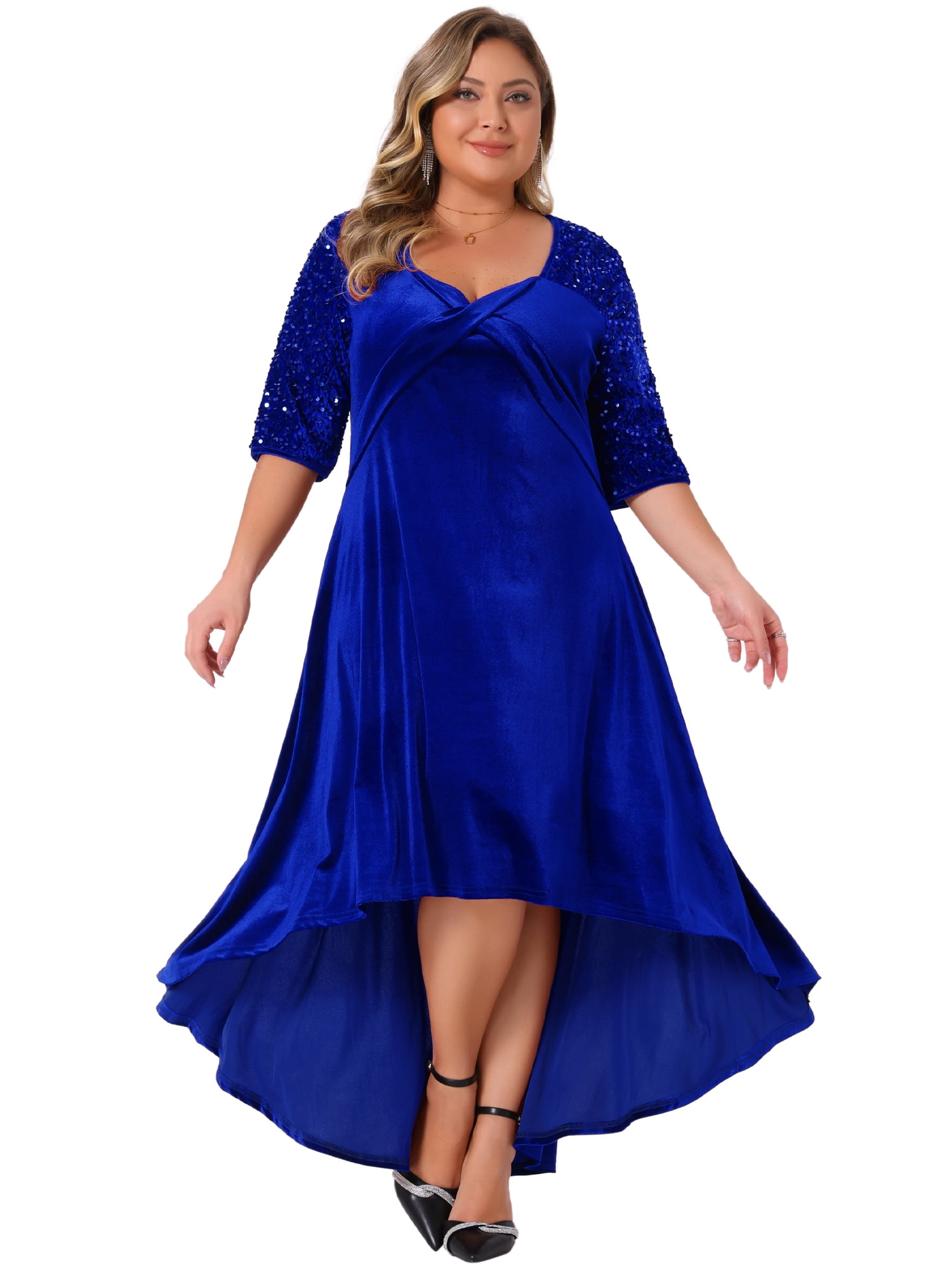 DARING DIVA Plus Size Velvet V Neck Sequin Sleeve High Low Hem Dress 3X Royal blue
