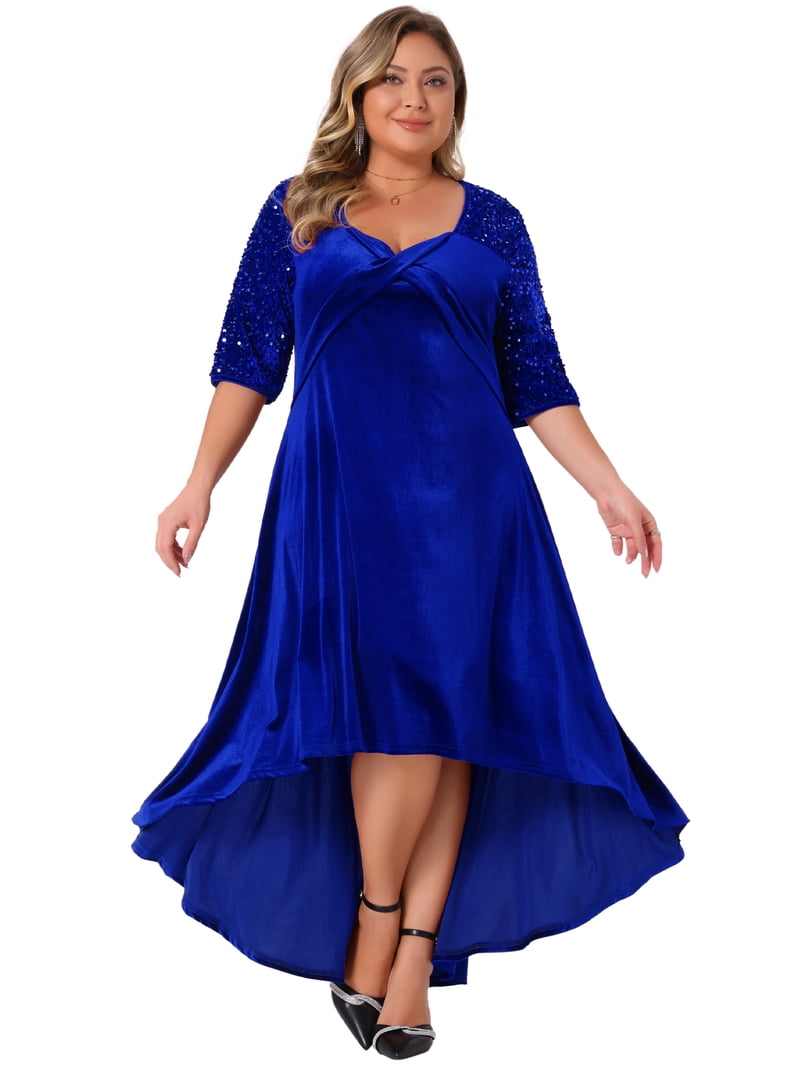 bright blue plus size dress DARING DIVA Velvet V Neck Sequin Sleeve High Low Hem 2X Royal SEQUIN