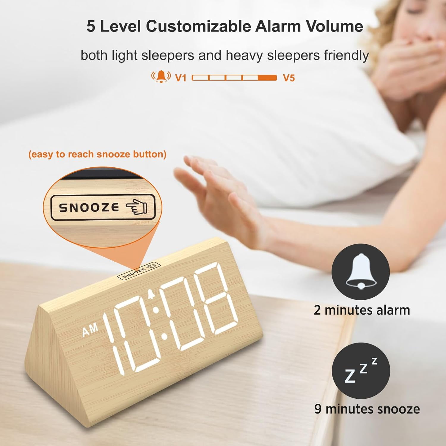 DreamSky Wooden Digital Alarm Clocks for Bedrooms - Electric Desk Clock with Large Numbers, USB Port, Loud Alarm for Heavy Sleepers, Adjustable Volume, Dimmer, DST, Wood Décor Gifts, Adapter Powered