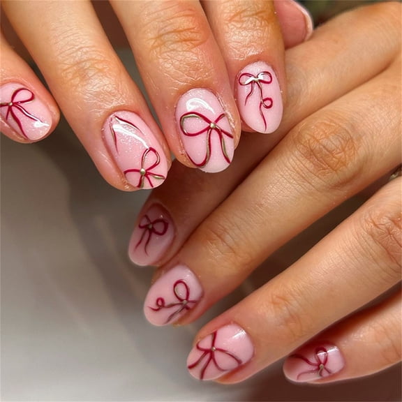 Valentine Press on Nail Almond Fake Nail Glossy Design False Nail Full Cover Artificial Acrylic Nail 24pcs 12Sizes