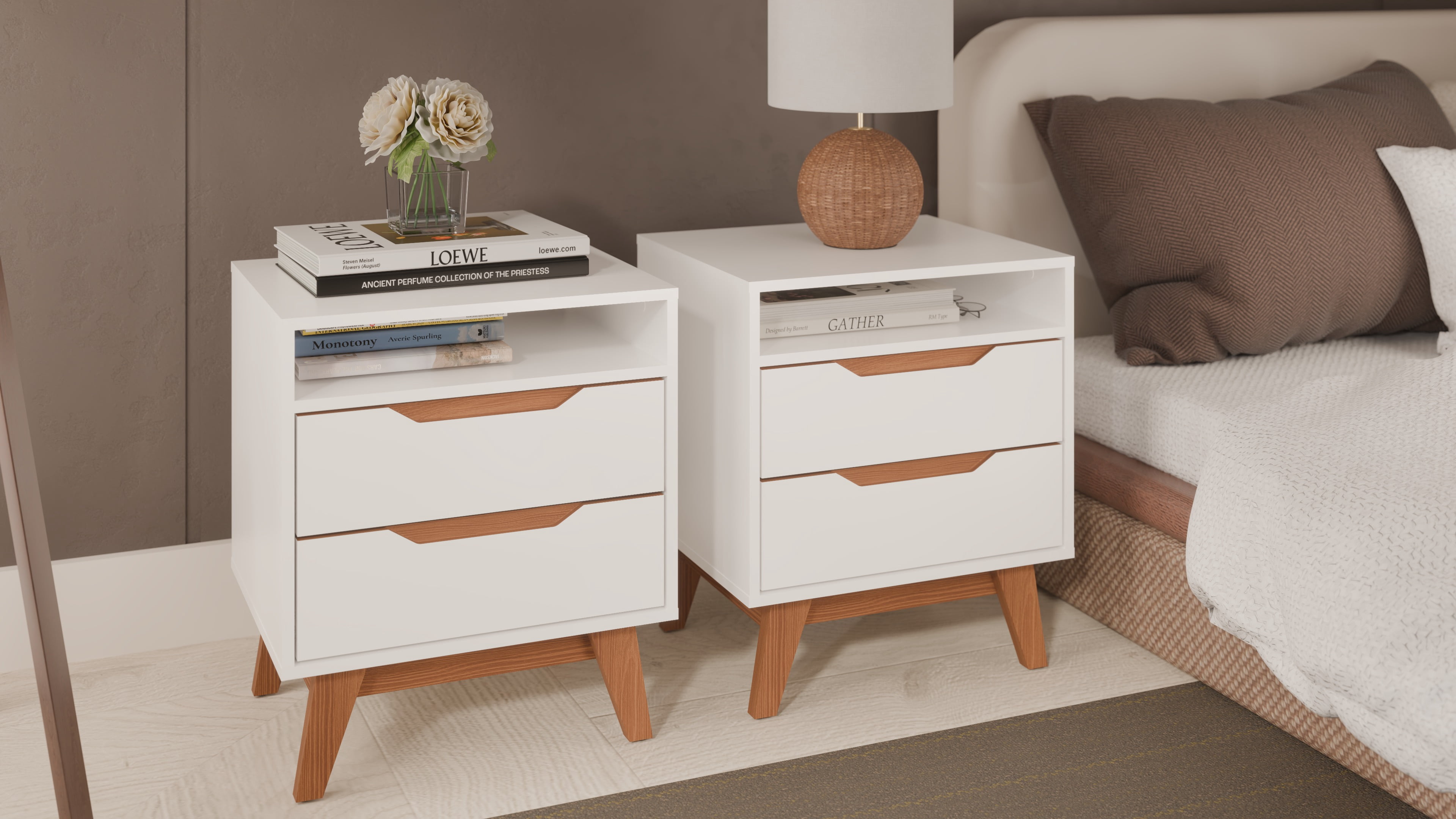 Kappesberg Paris 2-Piece Nightstand Set with 2 Drawers Open Shelf and Built-in Handles White – Modern Bedroom Storage