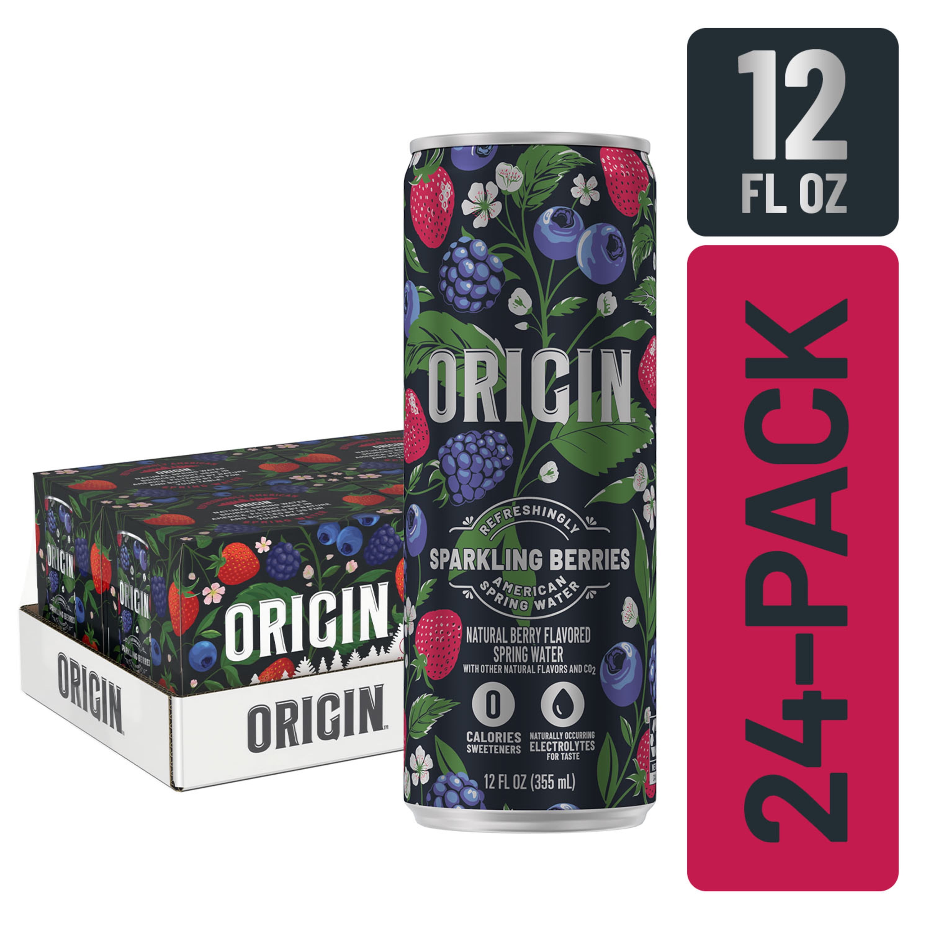 ORIGIN Berry Flavor Sparkling Water, 12 Fl Oz, Aluminum Cans (24 Count)