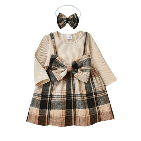 

TAIAOJING Baby Girl Outfit Kids Toddler Baby Girls Long Sleeve Ribbed Patchwork Plaid Princess Dress With Headbands Outfits Set 2PCS 3-6 Months