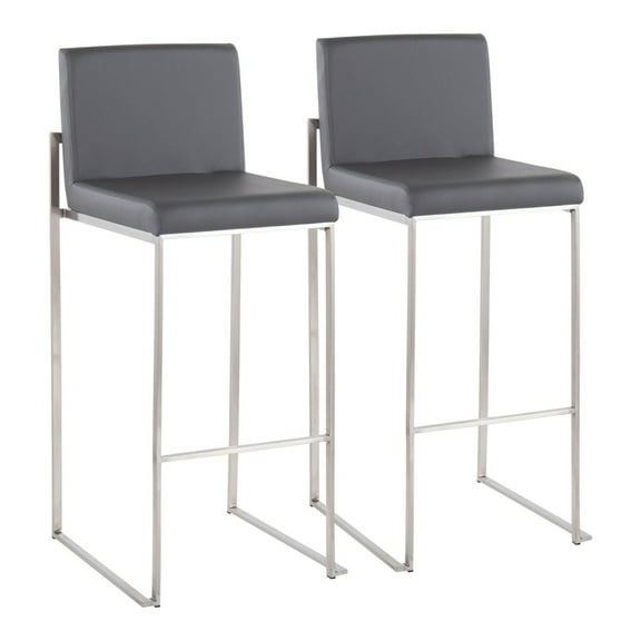 Fuji Contemporary High Back Barstool In Stainless Steel And Grey Faux Leather - Set Of 2