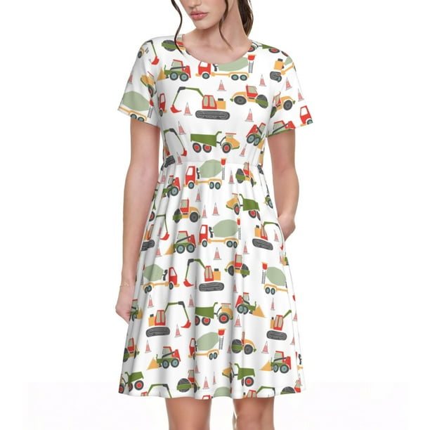 Fotbe Excavator Vestido Largo de Moda para Mujer, Vestido Tipo Camiseta con Manga Corta y Estilo Casual a Rayas y Bloques de Color