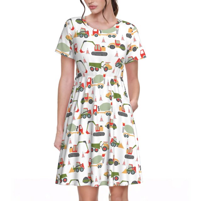 Fotbe Excavator Vestido Largo de Moda para Mujer, Vestido Tipo Camiseta con Manga Corta y Estilo Casual a Rayas y Bloques de Color