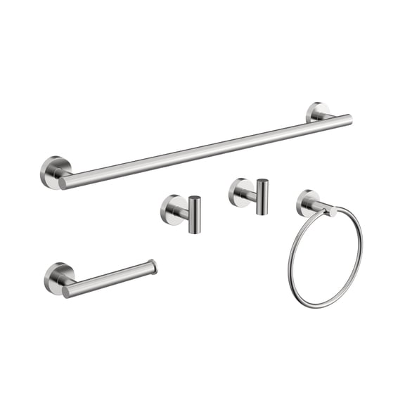 BWE 5-Piece Brushed Nickel Wall - Mounted Bathroom Hardware Set with Towel Bar, Hook, Toilet Paper Holder and Ring