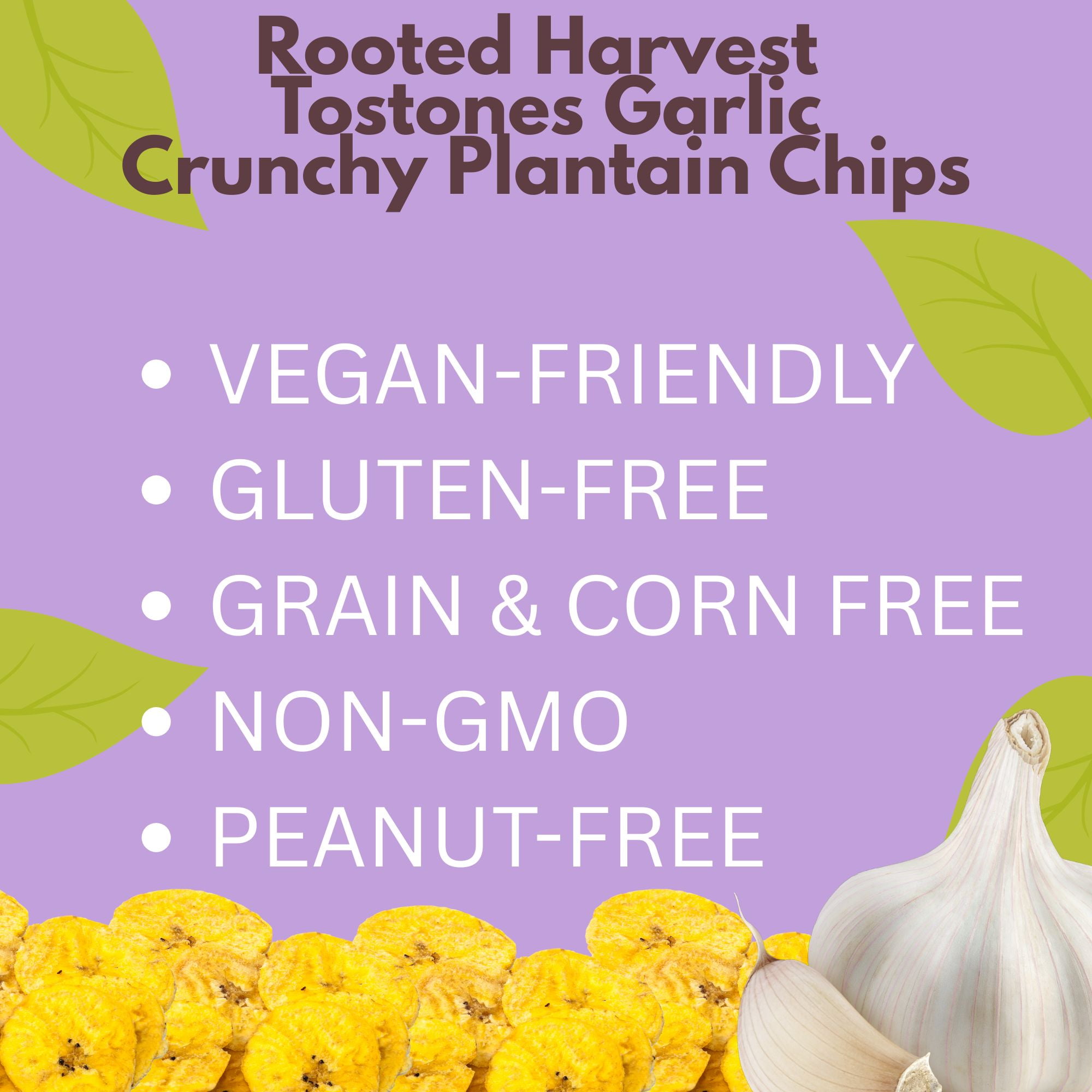 Rooted Harvest Tostones Garlic Crunchy Plantain Chips 2.25 Oz 3 Pack, Vegan Friendly Gluten Free Non-GMO Snacks, School Lunchbox Picnic On the Go Snacking Party w/ Snoep in Beperkte Oplage