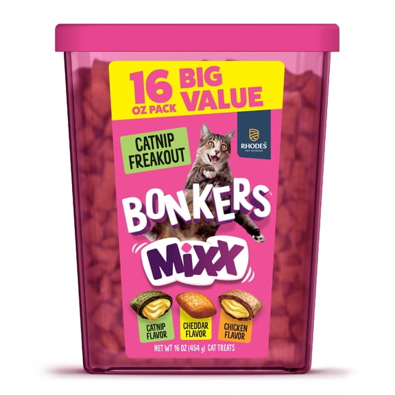 BONKERS Mixx Crunchy Cat Treats Catnip Freakout Variety Pack Catnip, Cheddar, and Chicken Flavors 16 oz Value Tub