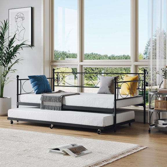 IDEALHOUSE Twin Daybed Sofa Bed with Trundle, Metal Frame with Arched Headboard, Steel Slat Support for Living Room Bedroom, Space Saving, Black