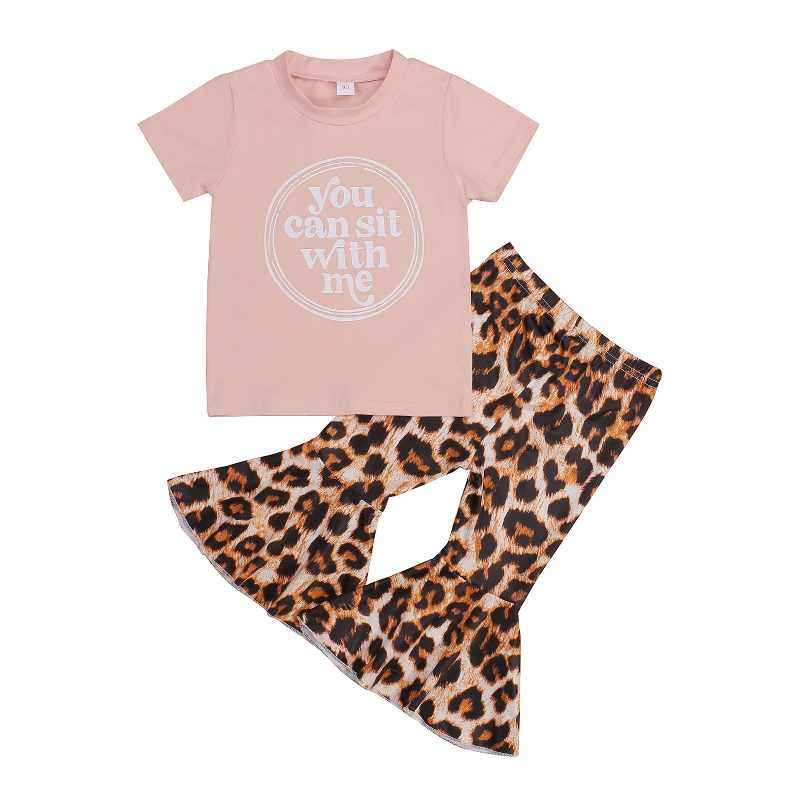 Eyiiye Toddler Girl Bell Bottom Outfits Short Sleeve T Shirt Top Flared Leggings Pants Pink