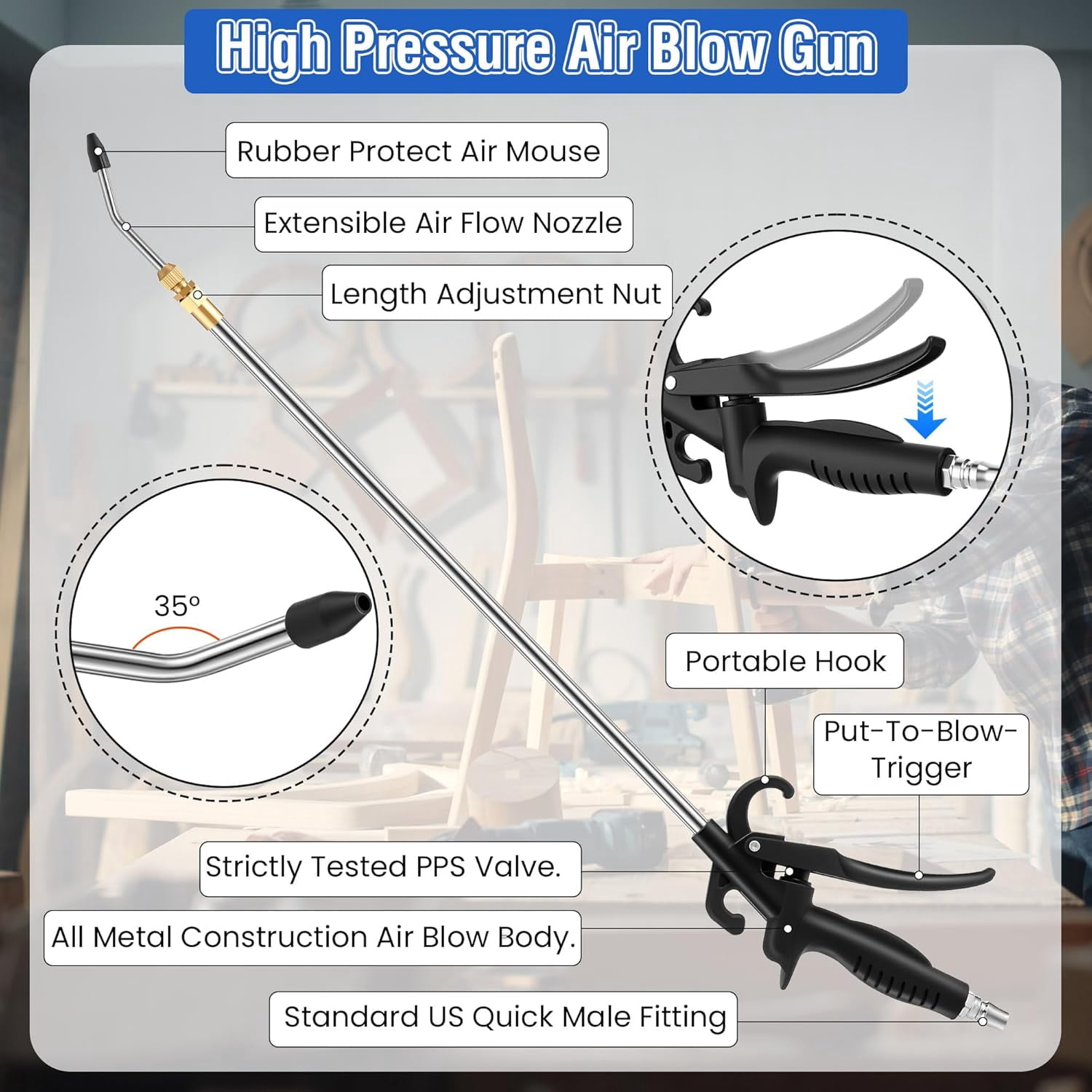 High Pressure Air Blow Gun, 27-42 Inch Extension Long Air Nozzle Blower Wand with 1/4" NPT Inlet & Lever Grip, Heavy Duty Industrial Blow Gun Pneumatic Tool for Radiator Compressor Attachments