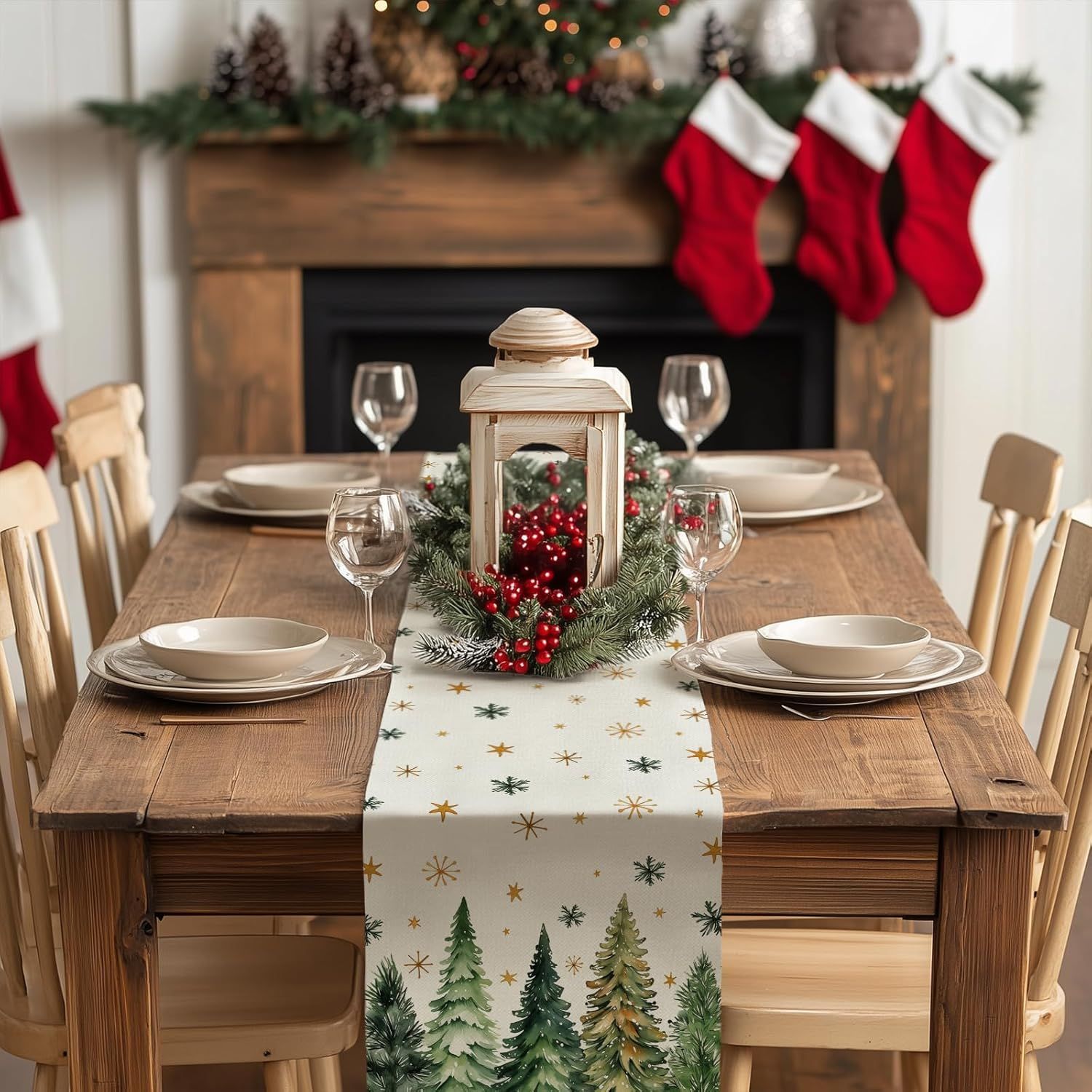 Christmas Table Runner 13x90 Inch, Xmas Trees Snowflakes Holiday Decorative Farmhouse Table Decoration for Kitchen Dinning, Indoor Outdoor Dinner Party Decor