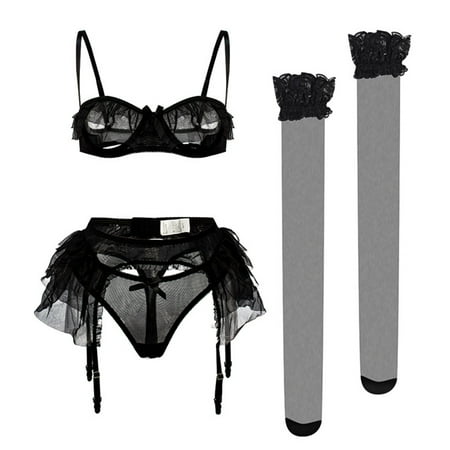 

YYDGH Women s Sexy Lace Lingerie Babydoll 2 Piece Bra and Panty Set Mesh See Through Underwrie Black-1 S