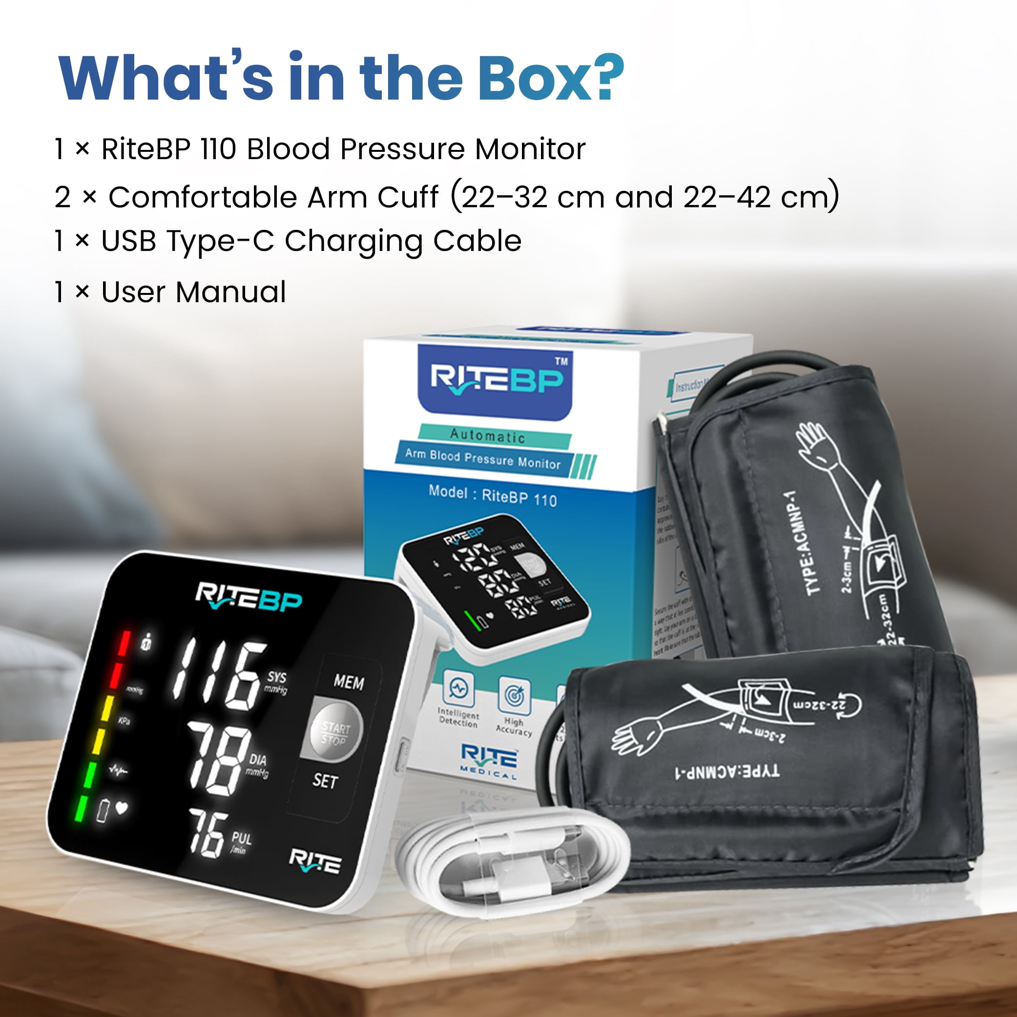 RiteBP Digital Blood Pressure Monitor with 2 Large Arm Cuffs (22–42 cm)