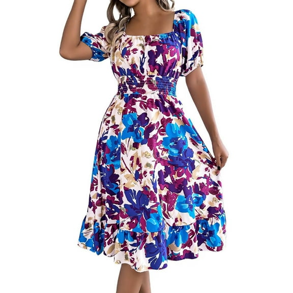 ALLLIST Ladies Dresses Blue Floral Spring A Line Vacation Peplum Clothing for Women Size S-XL