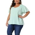 thumbnail image 4 of Agnes Orinda Women's Plus Size Casual Tops Ruffle Sleeve Smocked Shoulder V Neck Summer Chiffon Blouse 1X Light Green, 4 of 6