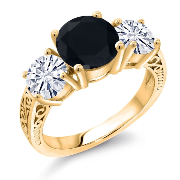 Gem Stone King 18K Yellow Gold Plated Silver Black Onyx and White Moissanite Engagement Ring for Women | 3.25 Cttw | Round 8MM | Gemstone December Birthstone | Size 9