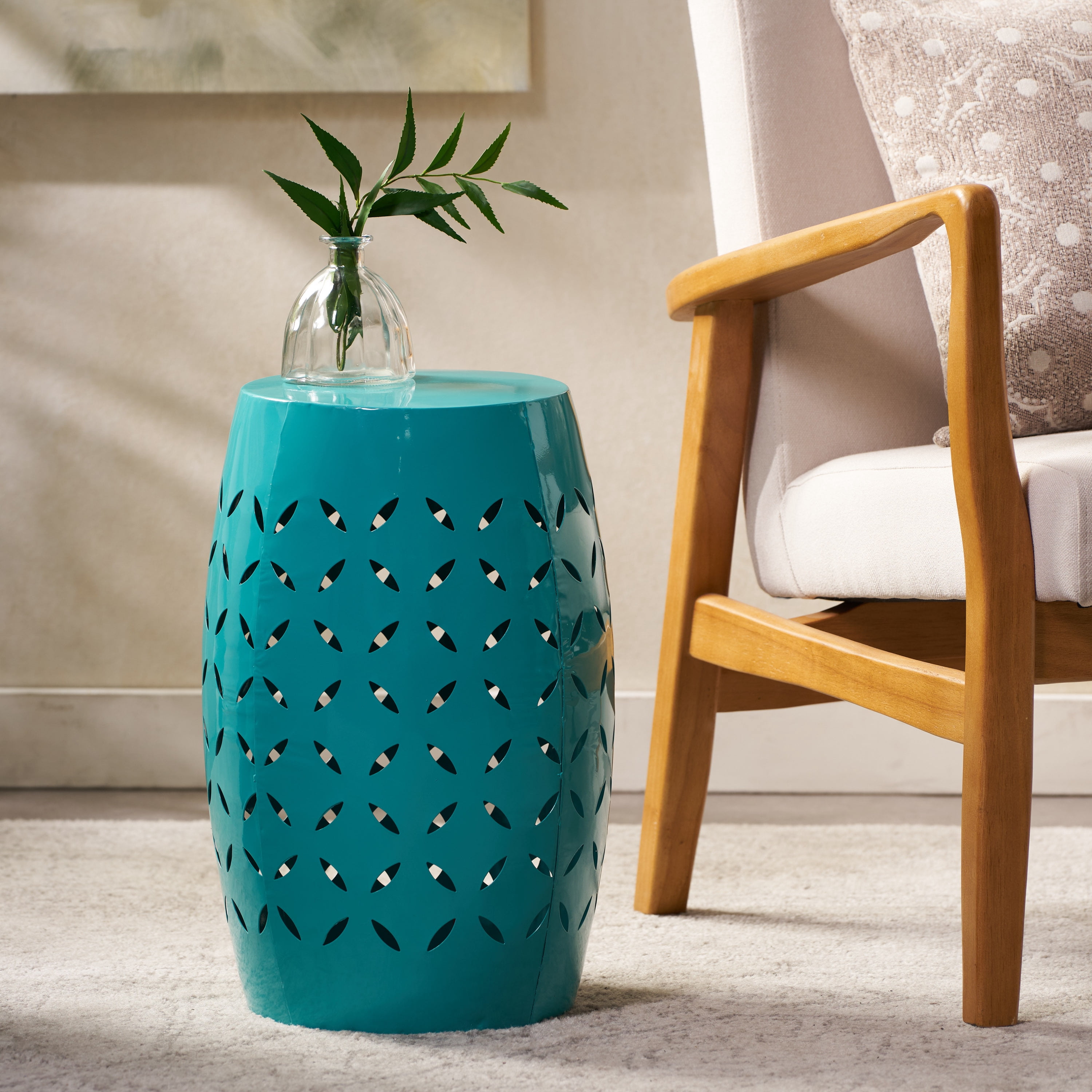 Euroco Lilac 12" Accent Side Table, Cylindrical Design End Table for Living Room, Family Room, or Entryway, Industrial Style,Coffee Side Tables for Indoor Outdoor, Teal Color